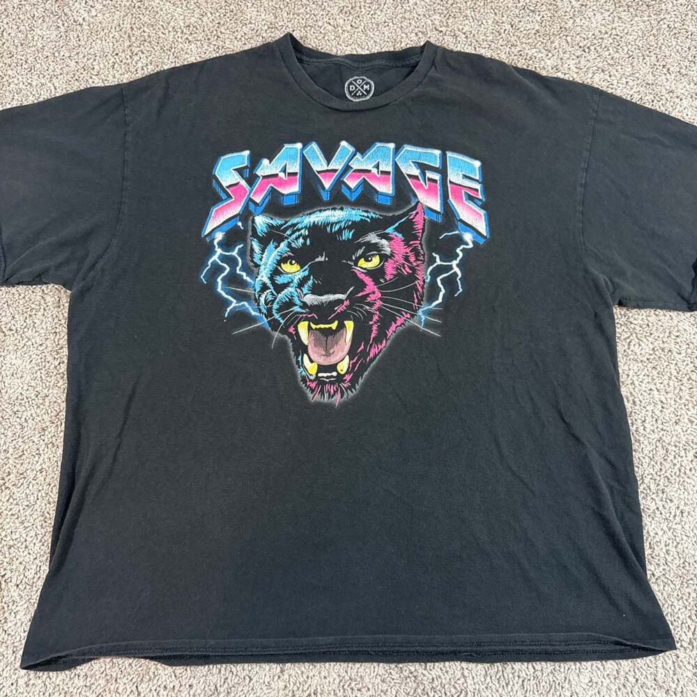 DOM Savage Panther Graphic T Shirt Mens 2XL Black Retro Metal Lightning EUC